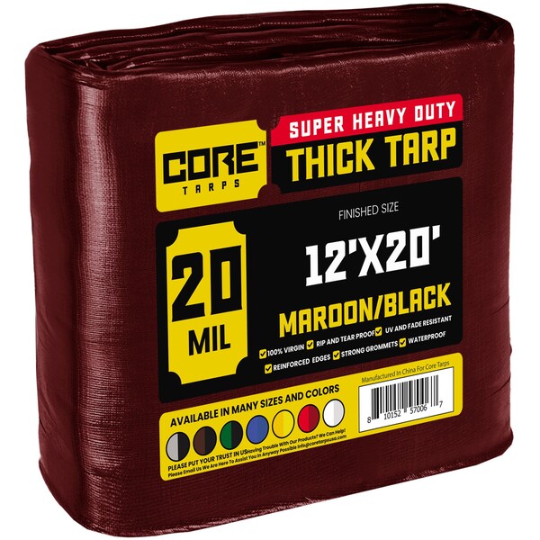 Core Tarps Heavy Duty Tarp, 12 ft x 20 ft, 20 Mil, Maroon, Polyethylene CT-707-12X20 - main